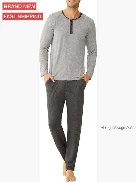 Other - Men's Viscose Pajama Set Henley Top Long Sleeve Pants Relaxed Fit